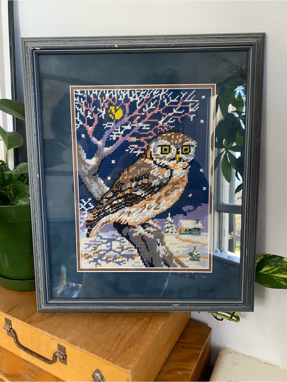 Vintage Handmade Framed Cross-Stitch Owl Artwork - Navy, Brown, Tan